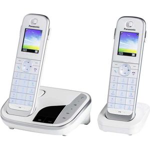 Panasonic KX-TGJ322GW Familien-Telefon mit Anrufbeantworter (schnurloses Telefon DUO, strahlungsarm, Anrufschutz, DECT Basistation) Schwarz/Weiss