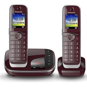 Panasonic KX-TGJ322GR Familien-Telefon mit Anrufbeantworter (schnurloses Telefon DUO, 2 Mobilteile, strahlungsarm, Anrufschutz) weinrot