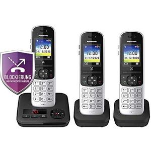 Panasonic KX-TGH723GS draadloze telefoon met antwoordapparaat, set van 3 stuks (DECT-telefoon, weinig straling, kleurendisplay, oproepblokkering, handsfree bellen) zwart
