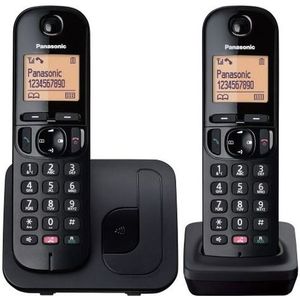 Panasonic KX-TGU112EXB digitale draadloze telefoon zonder voicemail, basisstation & 2 toestellen, LCD-scherm, grote knoppen, favorietenknop, hoortoestel-compatibel, zwart