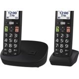 Panasonic KX-TGU112EXB Digitale telefoon, draadloos, met antwoordapparaat, basiseenheid en 2 handsets, lcd-display, grote toetsen, favoriete oproepen, compatibel met hoorapparaten, zwart