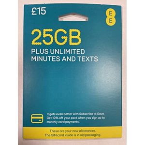 EE 75GB Data Sim bevat £15 prepaid tegoed, 75 GB gegevens, onbeperkte minuten en onbeperkte teksten