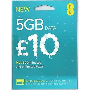 EE 20GB data SIM bevat £10 prepaid tegoed, 20GB gegevens, 500 minuten en onbeperkt teksten