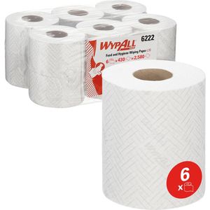 WypAll L10 Voedsel & Hygiëne Afveegpapier 6222-1 laags stomerij doekjes - 6 witte Centrefeed Rolls x 430 papieren doekjes (2.580 totaal)