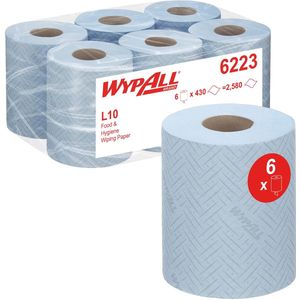 WypAll 6223 Food and Hygiene Wiping Paper L10 Centrefeed for Reach Dispenser, 1 ply, Blauw (6 rollen x 430 vellen)