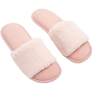 OHS Faux Konijnenbont Womens Fleece Pluizige Sliders Open Teen voor Dames Heren Huis Warme Super Zachte Pluche Slippers, Blush Roze