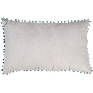 Velours sierkussen - kussentje grijs met mintgroene pompons 33x50cm