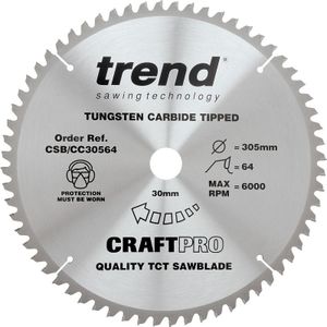 Trend CraftPro crosscutting TCT-cirkelzaagblad met negatieve haaksnede, 305 mm diameter x 64 tanden x 30 mm asgat, wolfraamcarbide getipt, CSB/CC30564