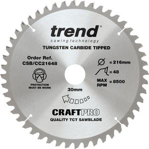 Trend CraftPro crosscutting TCT-zaagblad met negatieve haaksnede, 216 mm diameter x 48 tanden x 30 mm asgat, wolfraamcarbide getipt, CSB/CC21648