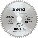 Trend CraftPro crosscutting TCT-cirkelzaagblad met negatieve haaksnede, 216 mm diameter x 60 tanden x 30 mm asgat, wolfraamcarbide getipt, CSB/CC21660