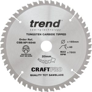 Trend CraftPro TCT-cirkelzaagblad voor werkbladen in aluminium en kunststof, 165 mm diameter x 48 tanden x 20 mm asgat, wolfraamcarbide getipt, CSB/AP16548