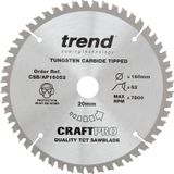 Trend CraftPro TCT-cirkelzaagblad voor werkbladen in aluminium en kunststof, 160 mm diameter x 52 tanden x 20 mm asgat, wolfraamcarbide getipt, CSB/AP16052