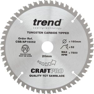 Trend CSB/AP16052 Craft Pro werkblad, aluminium/kunststof, TCT, ideaal voor Festool, Scheppach en Mafell, 160 mm x 52 tanden x 20 mm boring