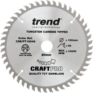 Trend CraftPro TCT cirkelzaagblad met superfijne afwerking, 160 mm diameter x 48 tanden x 20 mm asgat, wolfraamcarbide getipt, CSB/PT16048