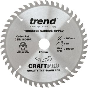 Trend CraftPro TCT Cirkelzaagblad, diameter 160 mm x boring 20 mm x 48 tanden, fijn afgewerkt zaagblad voor handcirkelzagen, CSB/16048A