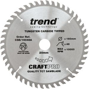 Trend CraftPro TCT-cirkelzaagblad, 160 mm diameter x 20 mm asgat x 48 tanden, zaagblad met fijne afwerkingssnede voor handcirkelzagen, CSB/16048A