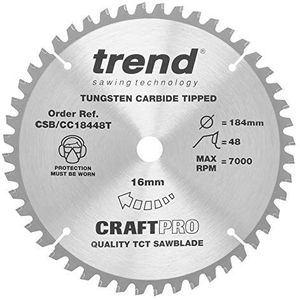 Trend CraftPro crosscutting TCT-zaagblad met negatieve haaksnede, 184 mm diameter x 48 tanden x 16 mm asgat, wolfraamcarbide getipt, CSB/CC18448T