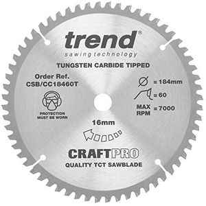 Trend CraftPro crosscutting TCT-zaagblad met negatieve haaksnede, 184 mm diameter x 60 tanden x 16 mm asgat, wolfraamcarbide getipt, CSB/CC18460T