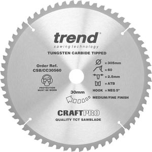 Trend CraftPro crosscutting TCT-cirkelzaagblad met negatieve haaksnede, 305 mm diameter x 60 tanden x 30 mm asgat, wolfraamcarbide getipt, CSB/CC30560