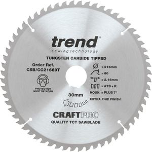 Trend CSB/CC21660T Handzaagblad Crosscut 216 mm x 60 tanden x 30 mm dun, zilver/zwart, 30 x 216 mm