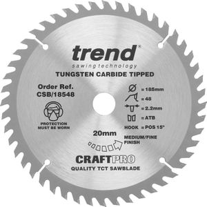 Trend CraftPro crosscut TCT-afkortzaagblad, 184 mm x 48 tanden x 20 mm asgat, wolfraamcarbide getipt, CSB/18548