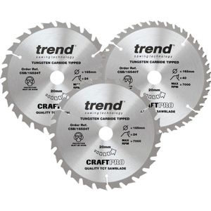 TREND CSB/165/3PK/C Craft Pro cirkelzaagblad-CSB/165/3PK/C diameter 160 mm boring 20 mm 24 en 40 tanden, drievoudige verpakking