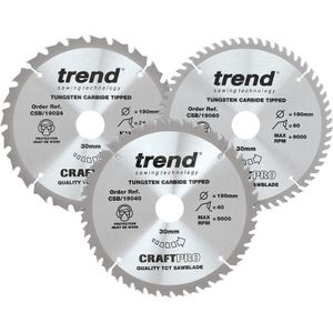 Trend Set van drie TCT cirkelzaagbladen voor CraftPro cirkelzagen, 190 mm x 24, 40 en 60 tanden x 30 mm boring, wolfraamcarbide punt. CSB/190/3PK, set van 3