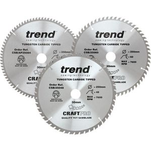 Set van 3 TCT Trend CraftPro cirkelzaagbladen, diameter 250 mm x 48, 60 en 84 tanden x boring 30 mm, wolfraamcarbide punt, CSB/250/3PK, 3 stuks