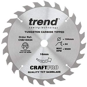 Trend CraftPro TCT cirkelzaagblad voor algemeen gebruik, 184 mm x 24 tanden x 16 mm asgat, wolfraamcarbide getipt, CSB/18424
