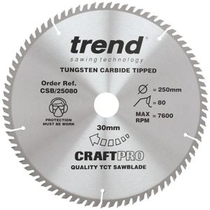 Trend CraftPro TCT-afwerkblad voor tafelcirkelzaag, 250 mm diameter x 80 tanden x 30 asgat, wolfraamcarbide getipt, CSB/25080