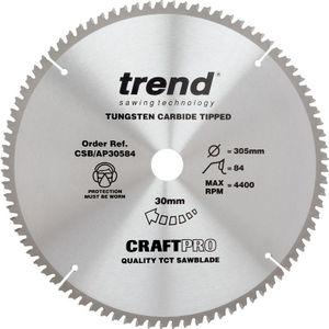 Trend CraftPro werkblad voor aluminium en kunststof met TCT-cirkelzaagblad, 305 mm diameter x 84 tanden x 30 mm asgat, wolfraamcarbide getipt, CSB/AP30584