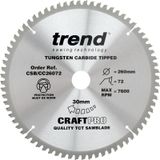Trend CraftPro crosscutting TCT-cirkelzaagblad met negatieve haaksnede, 260 mm diameter x 72 tanden x 30 mm asgat, wolfraamcarbide getipt, CSB/CC26072