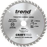 Trend CraftPro TCT-cirkelzaagblad met dunne kerf, 165 mm diameter x 40 tanden x 20 mm asgat, wolfraamcarbide getipt, CSB/16540T