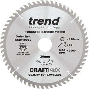 Trend CraftPro TCT-cirkelzaagblad voor fijne afwerking, 190 mm x 60 tanden x 30 mm asgat, wolfraamcarbide getipt, CSB/19060