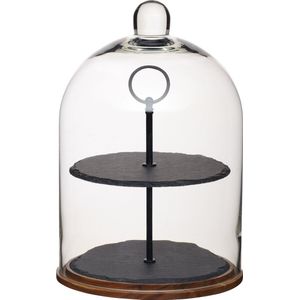 Artesà 2-laags serveerstandaard/taartkoepel, glazen cloche voedseldisplayafdekking/opslag met gelaagde leisteenschotels en houten basis, 22 x 31 cm - zwart/helder glas/hout