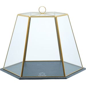 Artesà, Geometrische kaas/taartstolp van glas met onderzetter van leisteen, serveerplaat voor levensmiddelen met glazen kap, 31 x 27,5 x 25 cm, messing-look