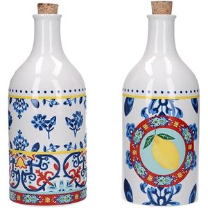 KC Blue World of Flavours Mediterrane Olie en Azijnstel - Azijnfles en Oliefles in Keramiek met Kurk 8 x 8 x 20,5 centimeter