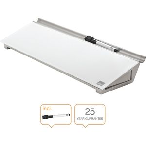 Nobo 1905174 mini-whiteboard voor kantoor, draagbaar, droog uitwisbaar glazen oppervlak, zonder lijst, 458 x 154 mm, inclusief markeerstift en opberglade, wit