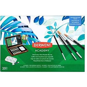 Derwent Academy Watercolour Verfset, Verven, Set van 18 in Houten Geschenkdoos, Verfkwast, Inclusief Mengpalet en Schetsblok, Academy Kwaliteit, 2305673