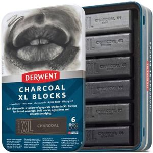 Derwent Houtskool XL Blocks, Blik van 6 Waskrijtjes, 60mm, Extra Grote Krijtjes, Natuurlijk Wateroplosbaar, Ideaal voor Schetsen, Tekenen en Expressieve Vlekken, Professionele Kwaliteit, 2306196