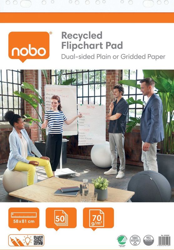 Nobo Gerecycled Flipoverblok op Rol - 50 Vellen Dubbelzijdig Blanco of Geruit Papier- 58x81cm - 70 grams