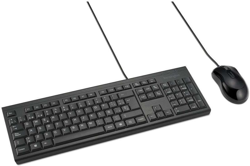 Kensington K75452ES Toetsenbord- en muisset, beide handen, KM100 EQ, voor desktop en laptop, spatwaterdicht ontwerp, compatibel met Windows en Mac, QWERTY ISO, zwart