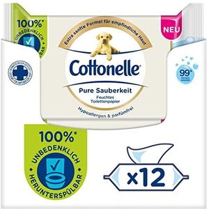 Cottonelle Puur schoon toiletpapier, ultra gevoelig, 99% water, 12 x 38 doekjes, parfumvrij en hypoallergeen