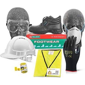 Essentials Kit voor volledige veiligheid voor werk/handel. Groot vest, maat 06 laarzen, helm, Googles, masker, handschoenen, oordopjes. Gecertificeerd en kwaliteit gecontroleerd.