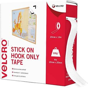 VELCRO Brand - Plak op de haak alleen tape - gesneden tot lengte sterke haak alleen zelfklevende plakband perfect voor kamerinrichting en thuis, kantoor, garagegebruik - wit - 20 mm x 10 m