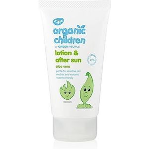 Green People Aloë vera biologische lotion en aftersun-lotion voor kinderen, 150 ml. Natuurlijke aftersun-lotion in biologische kwaliteit voor kinderen. Met rustgevende aloë vera, goudsbloem en mirre