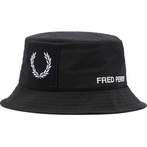 Fred Perry, Zwarte Logo Patch Bucket Hoed Zwart, unisex, Maat:L