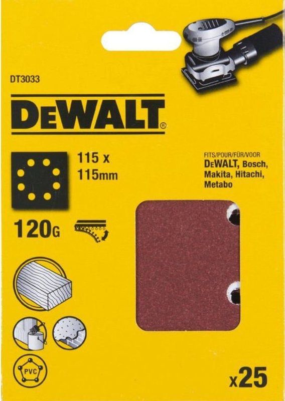 DeWALT DT3033 Vlak Schuurvel - K120 - 115 X 115mm - 25 Stuks