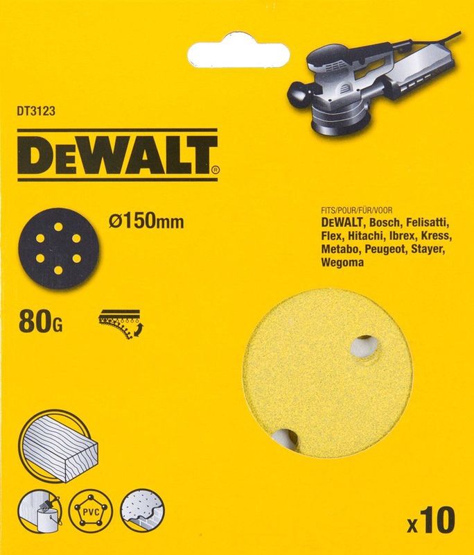 DeWALT DT3123 Schuurschijf 150mm - P80 - 10 Stuks - Voor Excenterschuurmachines