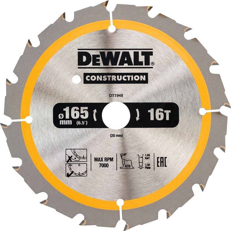DeWALT Cirkelzaagblad - Ø 165mm - Asgat 20mm - 16 Tanden - DT1948-QZ